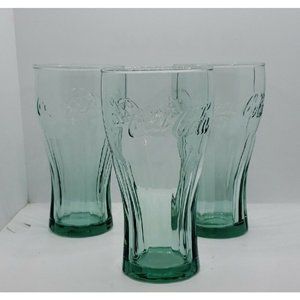 Lot of 3 Green Coca-Cola Glass Tumblers 16 oz 6”Tall Coke Collectible Bell Shape